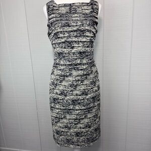 Adrianna Papell Gray Black Pencil Sheath Dress Mesh Pleated Tiered Knee Length